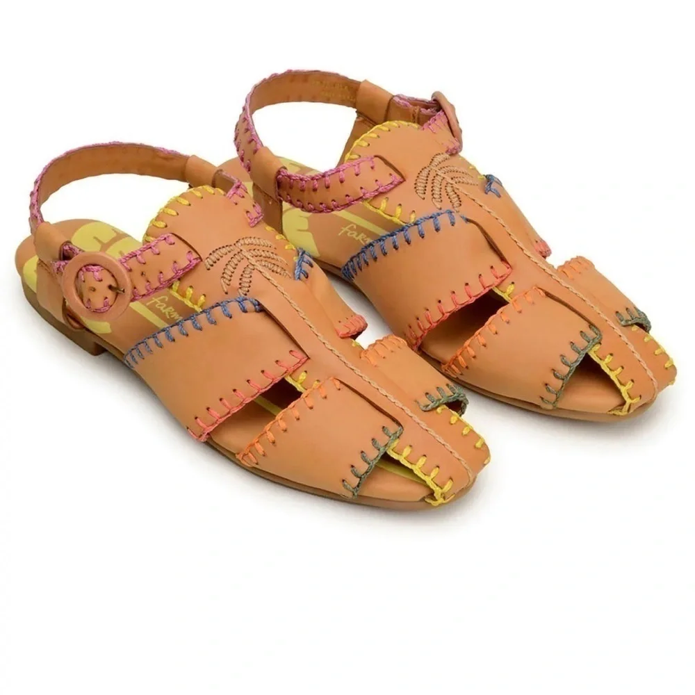Farm Rio Women's Caramel Palm Tree Sandal Brown Boho Colorful US 6.5 NWT.